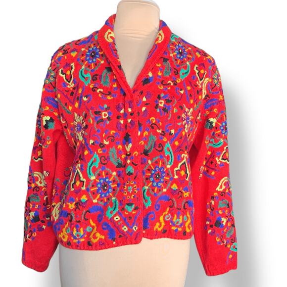 Vintage 90s Michael Simon Embroidered Cherry Red Artsy Knit Cardigan Sweater - Picture 3 of 12
